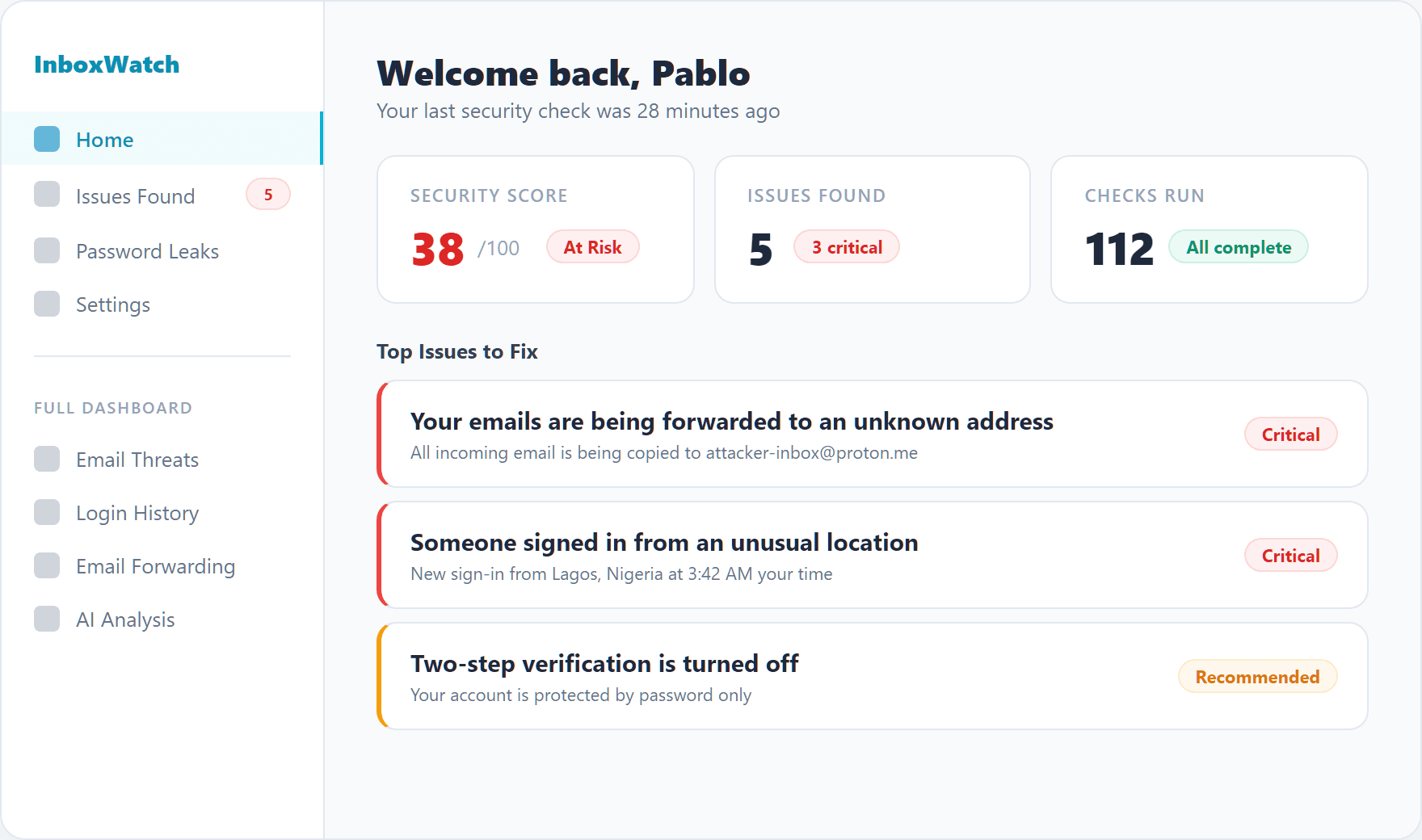 InboxWatch dashboard showing security score, issues found, and suspicious sign-in activity