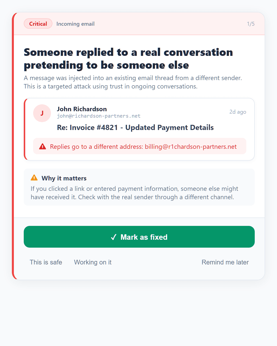 InboxWatch analyzing a suspicious email that replied to a real conversation from a different sender
